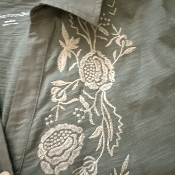 Soft Surroundings Spring Thaw Button Down Embroidered Tunic Shirt, Soft Olive M - Picture 4 of 10